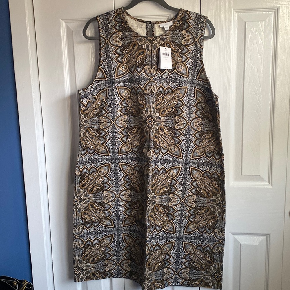 J. Jill Sleeveless Mini Dress in Black, Brown & Cream Paisley Print. NWT